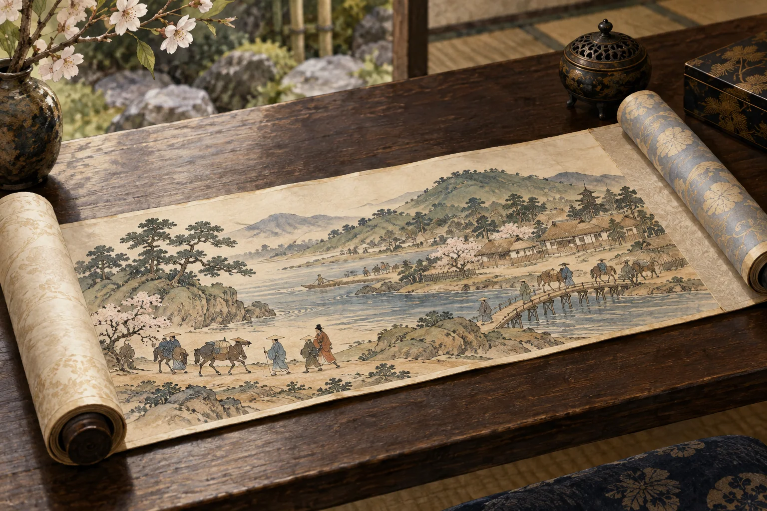 川辺の風景と旅人を描いた絵巻を、机の上に横長に開いた静物