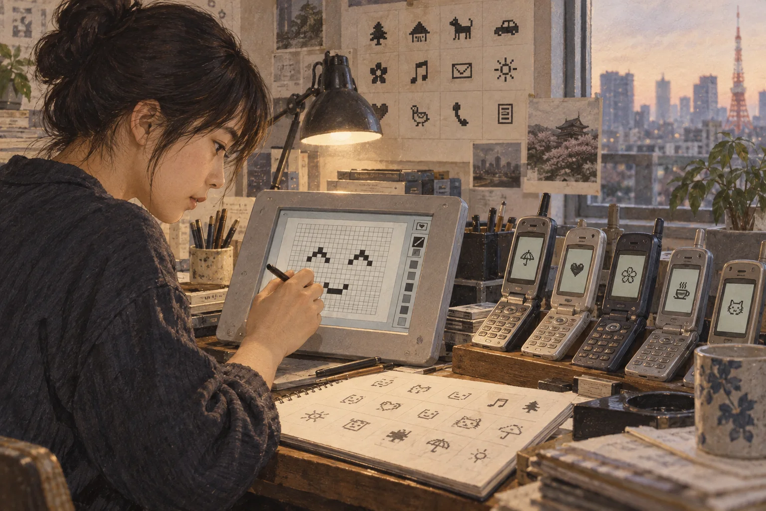 小さな画面の格子で初期の絵文字を設計するデザイナー