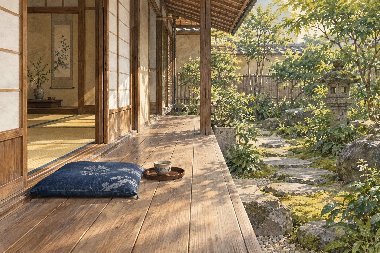 庭に面した木の縁側に座布団とお茶を置いた、穏やかな午後の風景