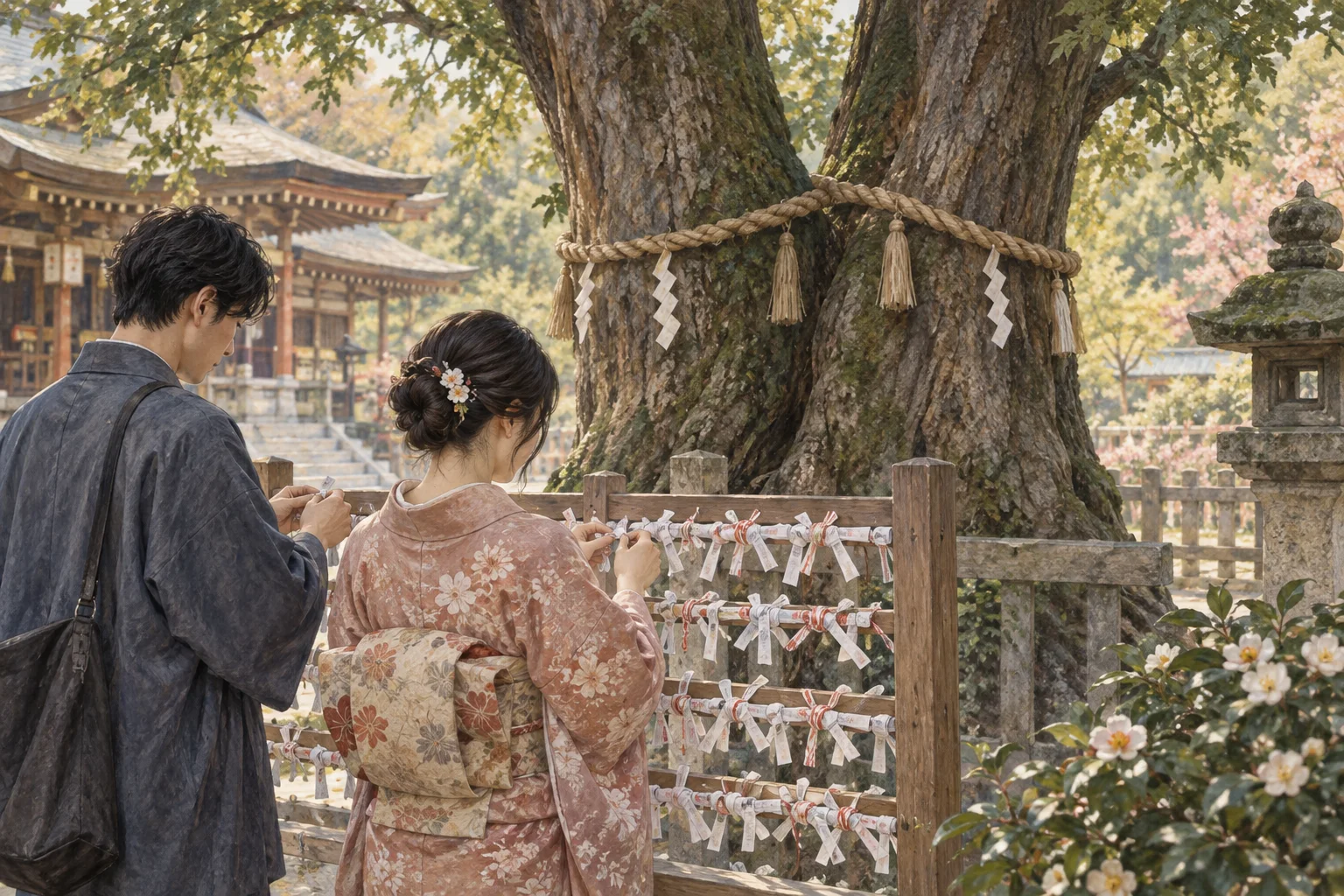 縁結びの神社でおみくじを結ぶ参拝者