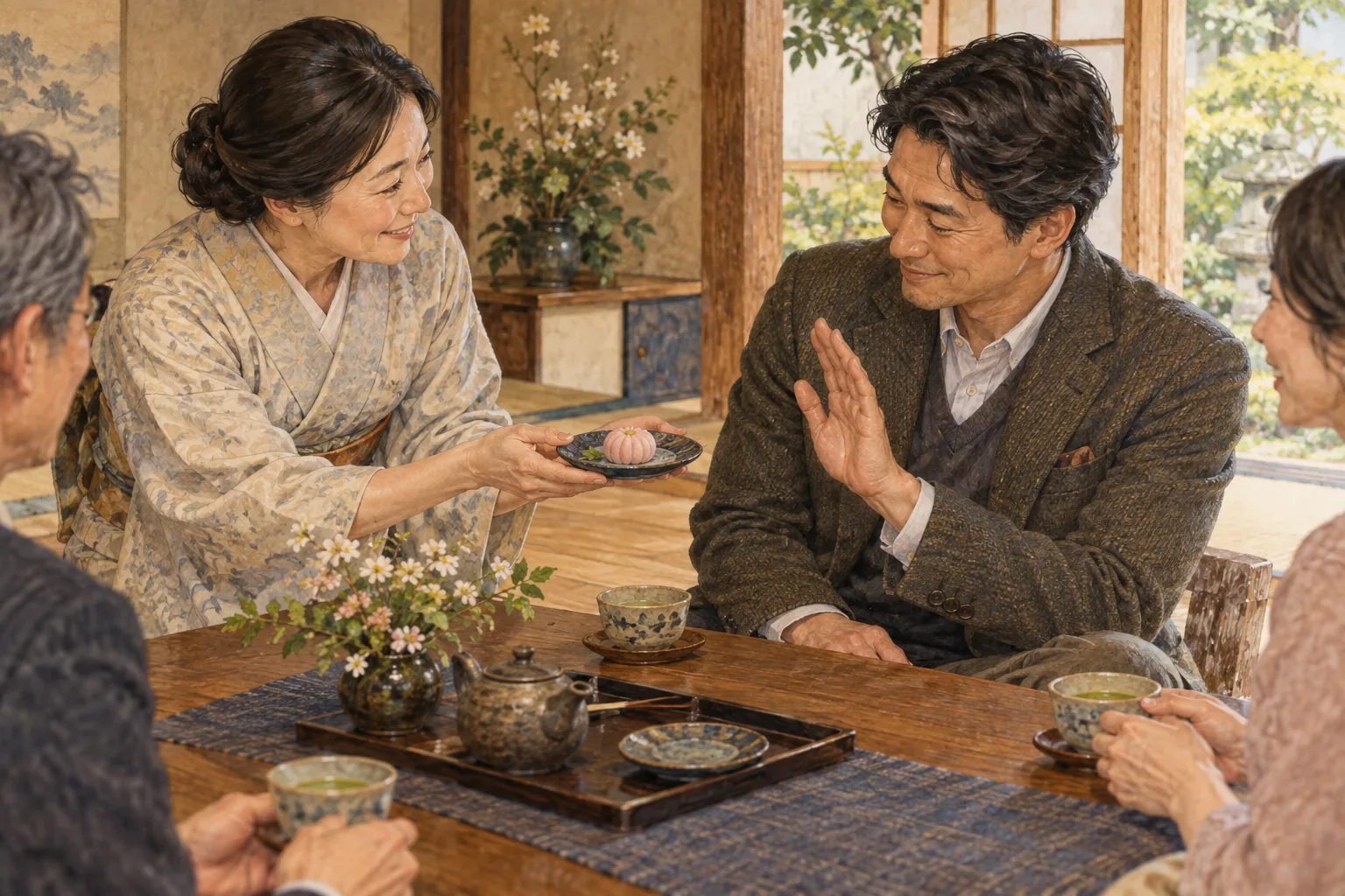 最後の菓子を遠慮して一度断る客