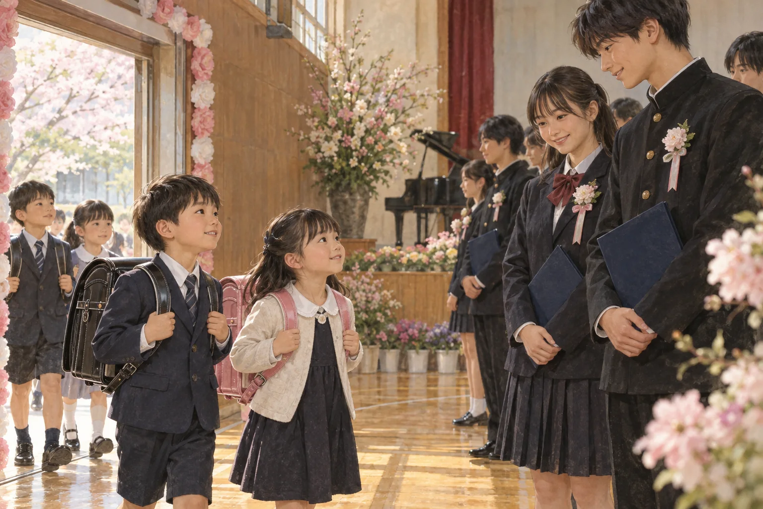 春の体育館で入学と卒業の節目を迎える生徒たち