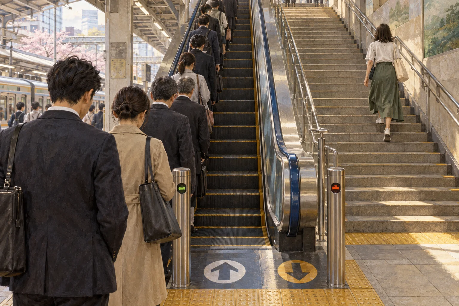 駅のエスカレーターで片側に並ぶ通勤客