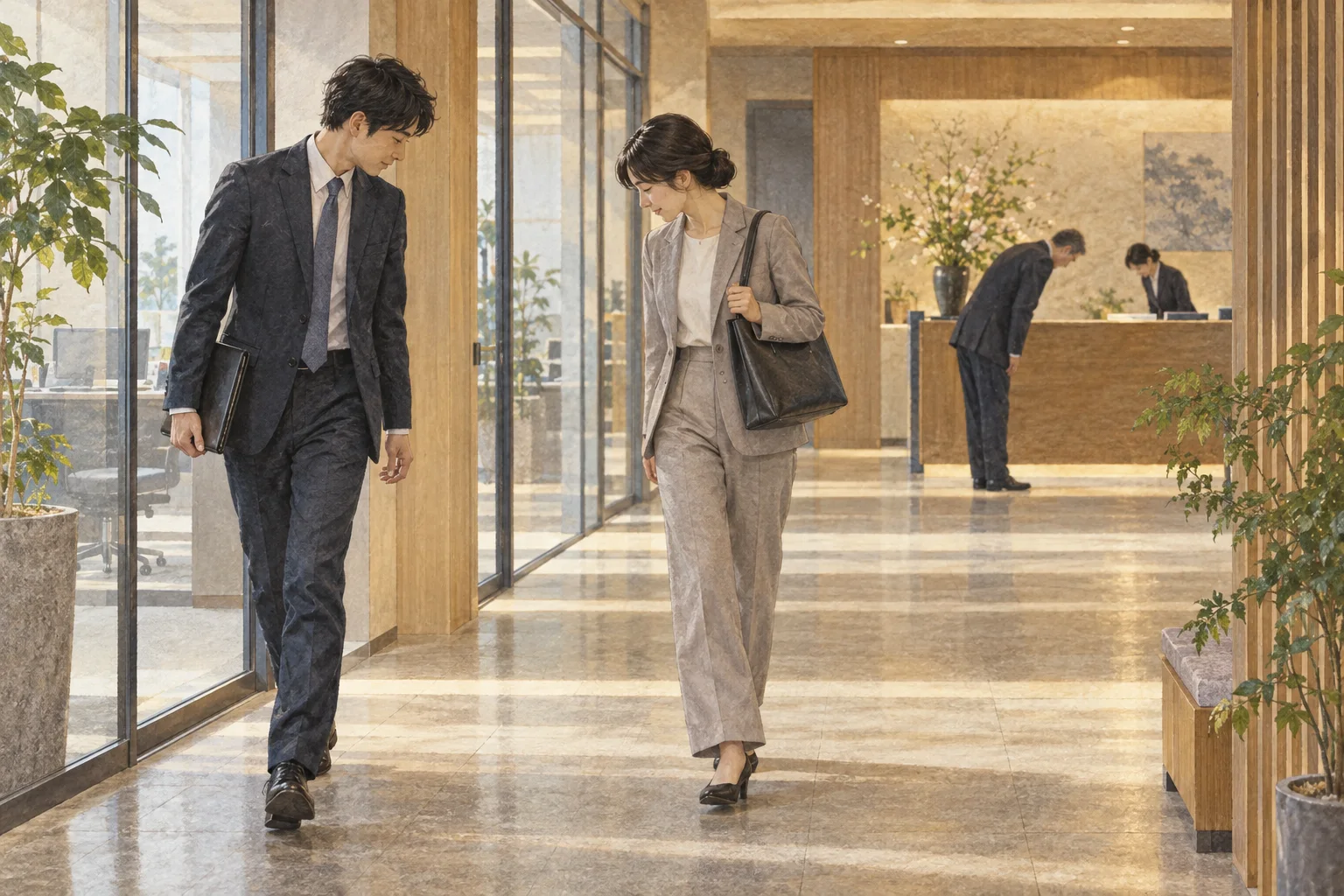 廊下ですれ違いざまに会釈を交わす同僚