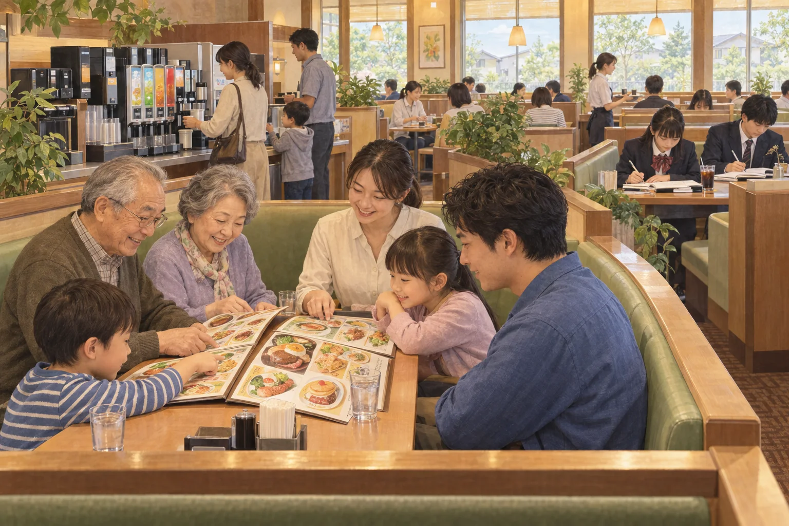 幅広い世代が利用する郊外のファミリーレストラン