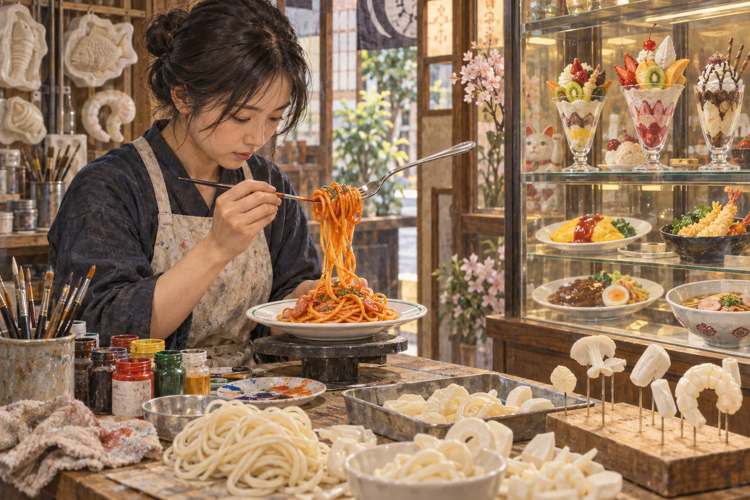 樹脂製の食品サンプルを彩色する職人