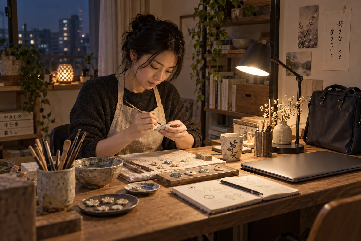本業の後に自宅の作業台で副業の制作をする会社員