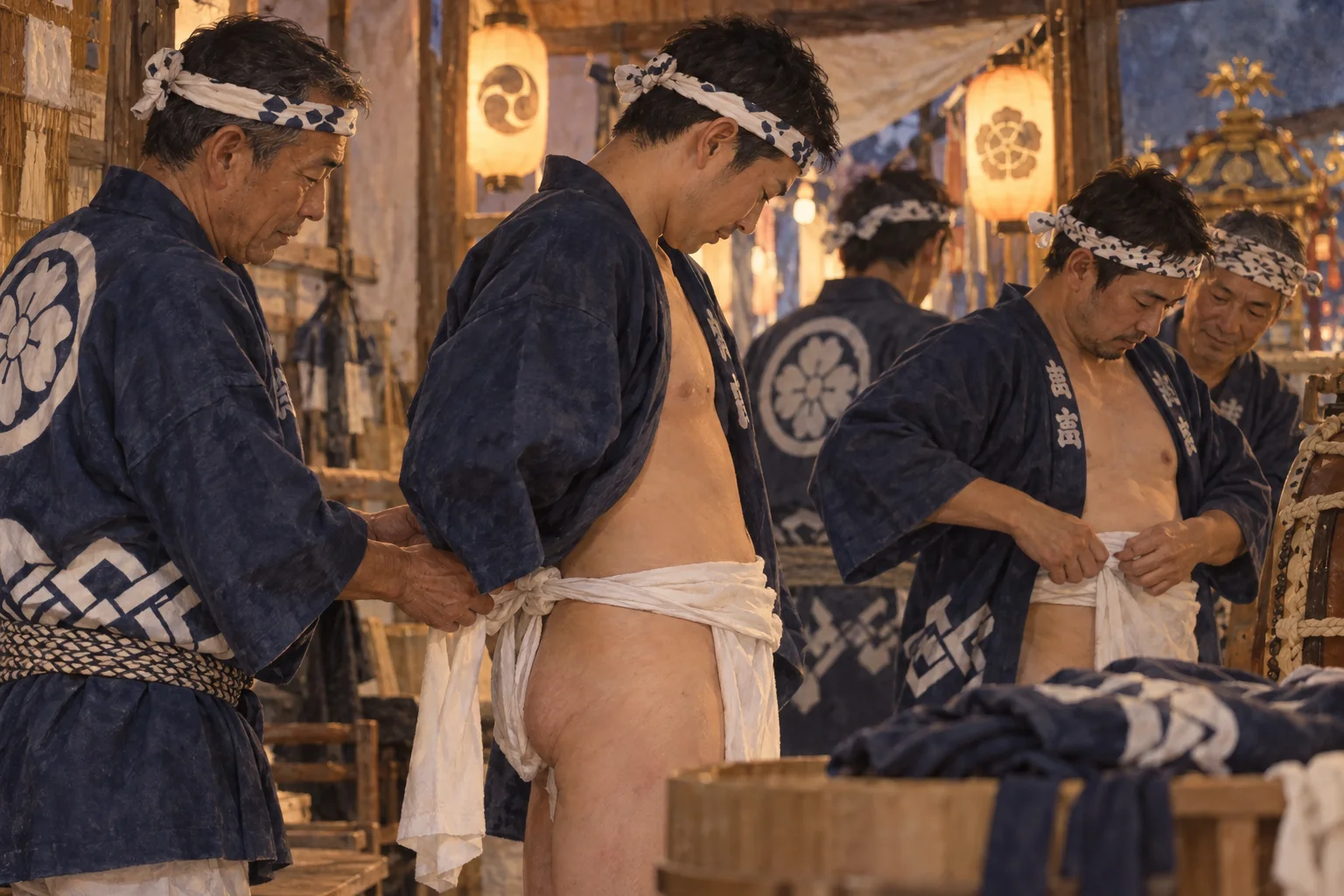 祭りの前に褌と法被を身につける参加者