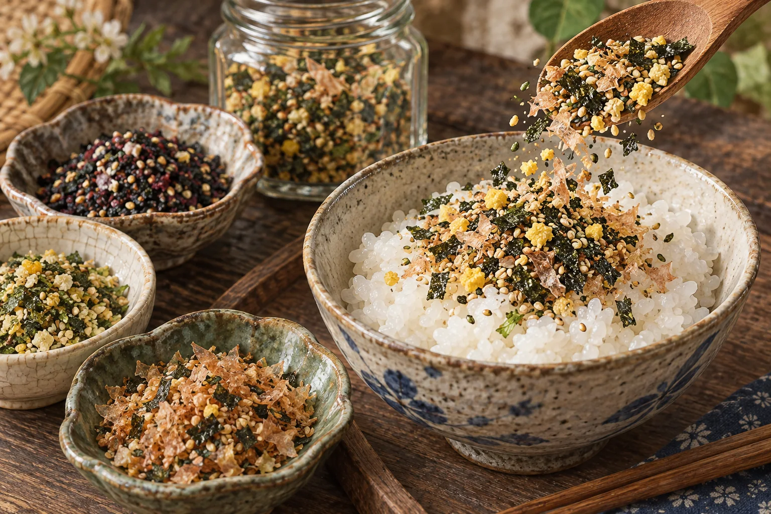 白いご飯に海苔やごまのふりかけをかける様子