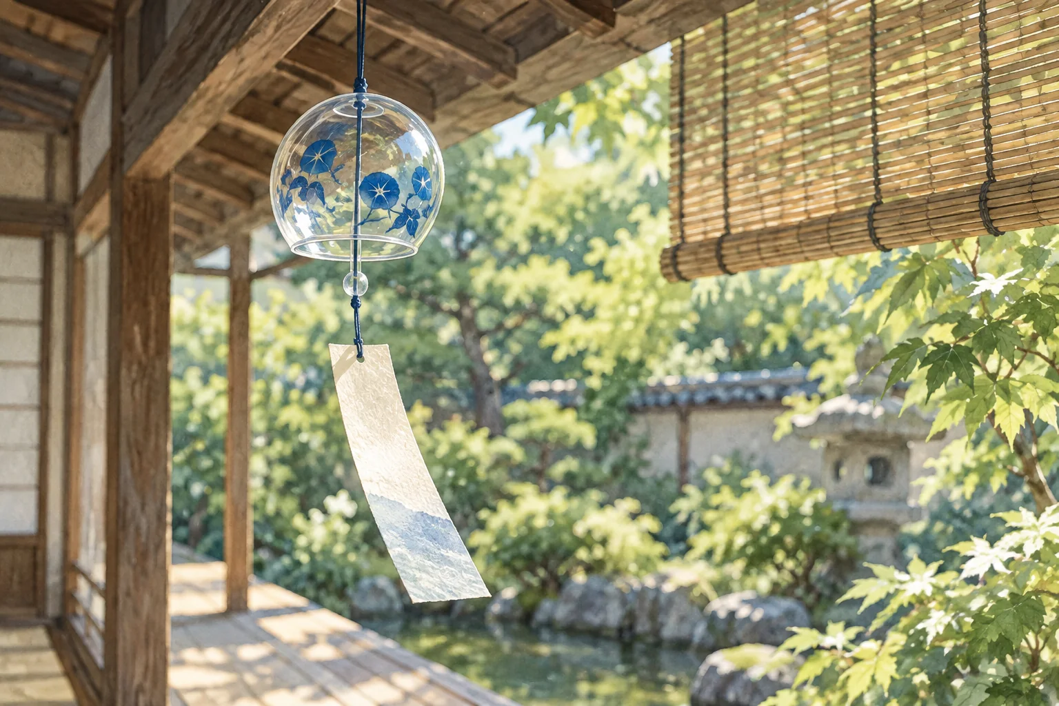 縁側の軒先につるされ、短冊が夏風に揺れるガラスの風鈴