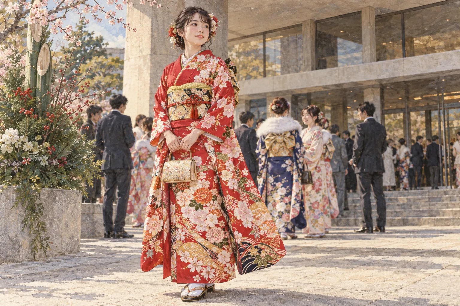 成人式で長い袖の振袖を着た若い女性