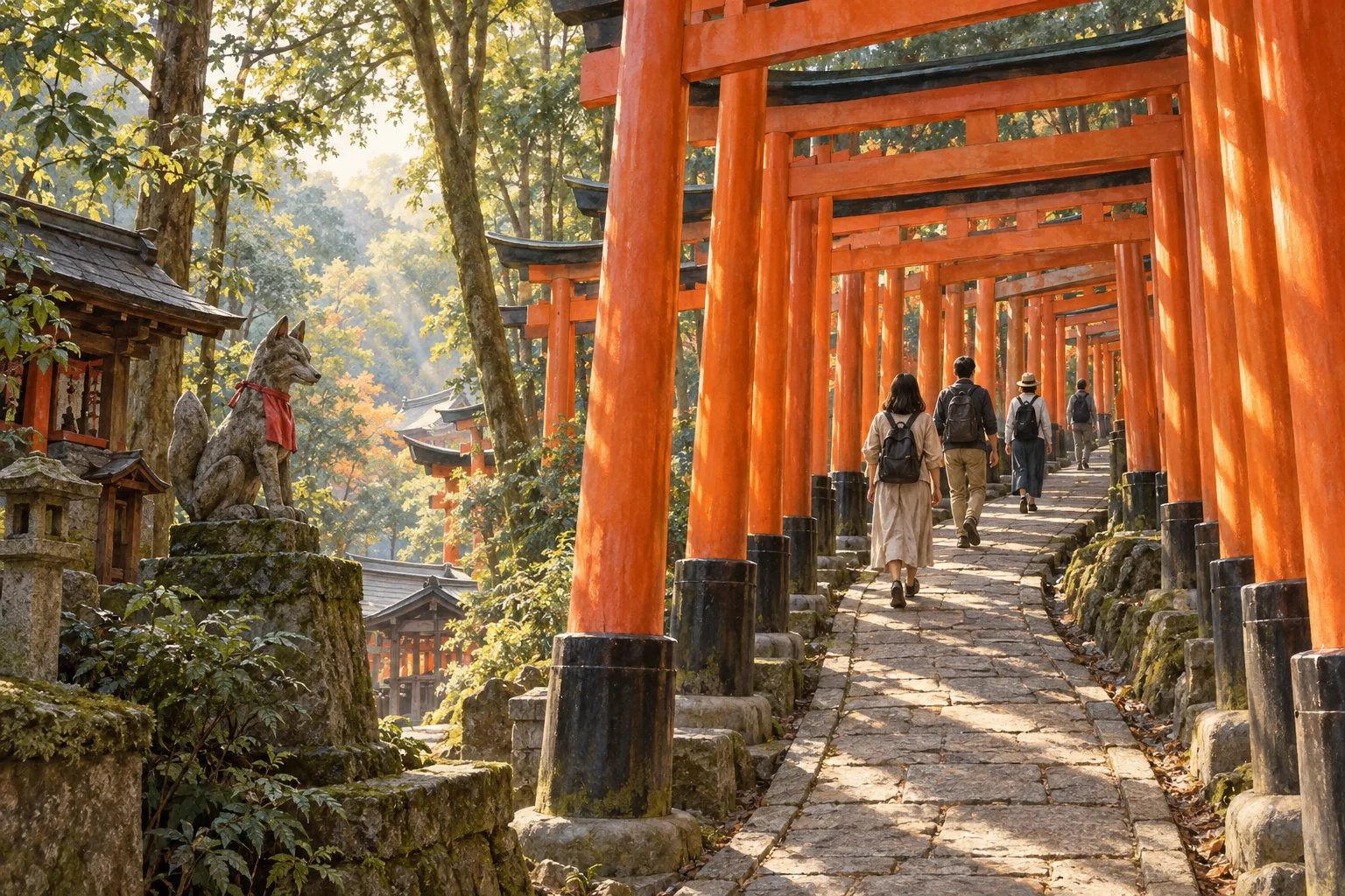 朱色の千本鳥居を歩く伏見稲荷大社の参拝者