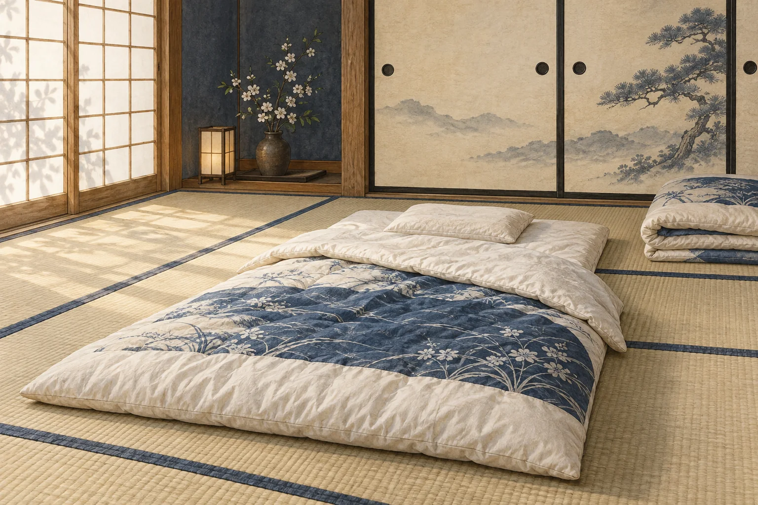 畳に敷いた敷布団と掛け布団、そばに畳んだ寝具