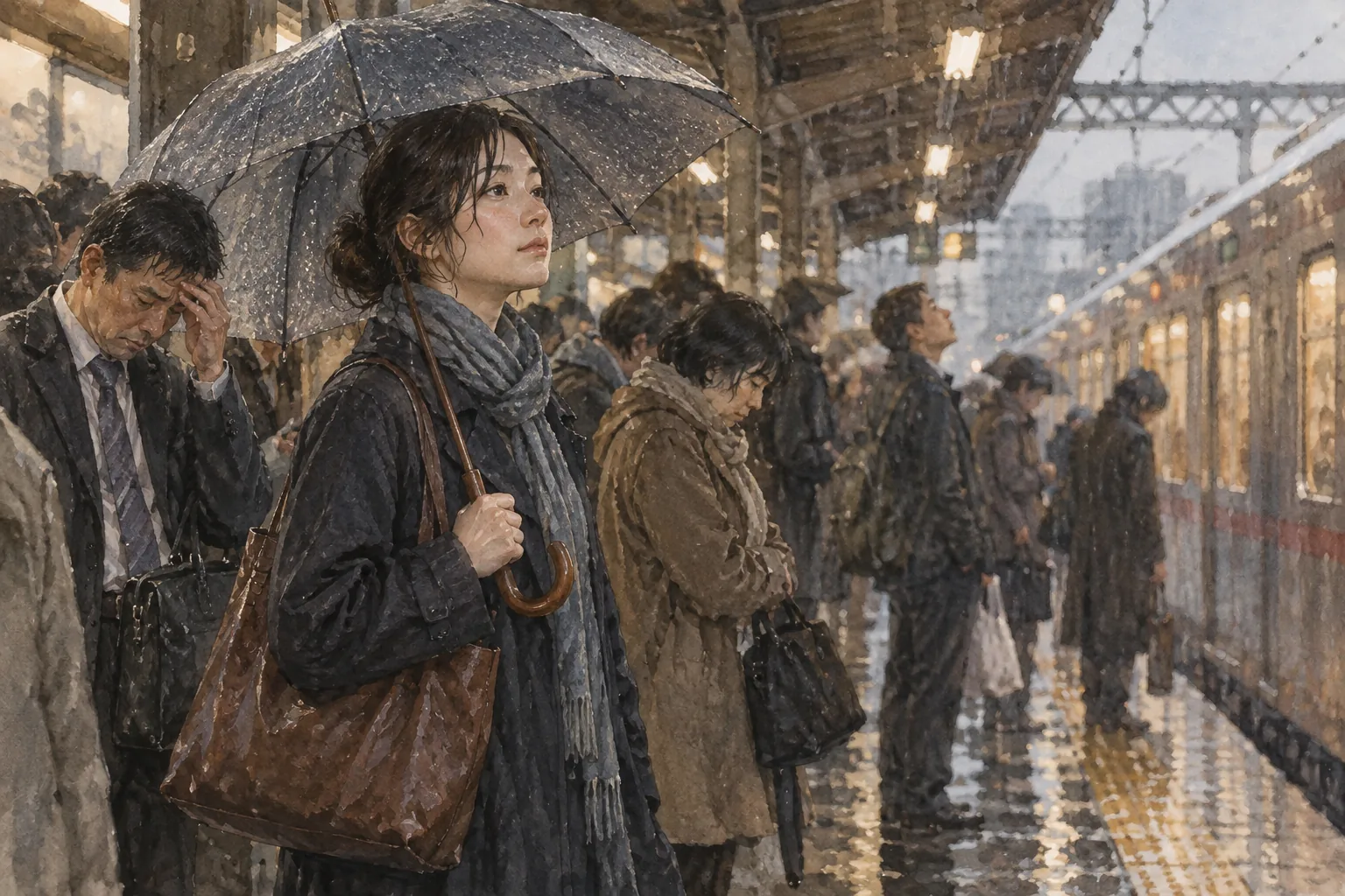 雨の電車遅延を落ち着いて待つ通勤客