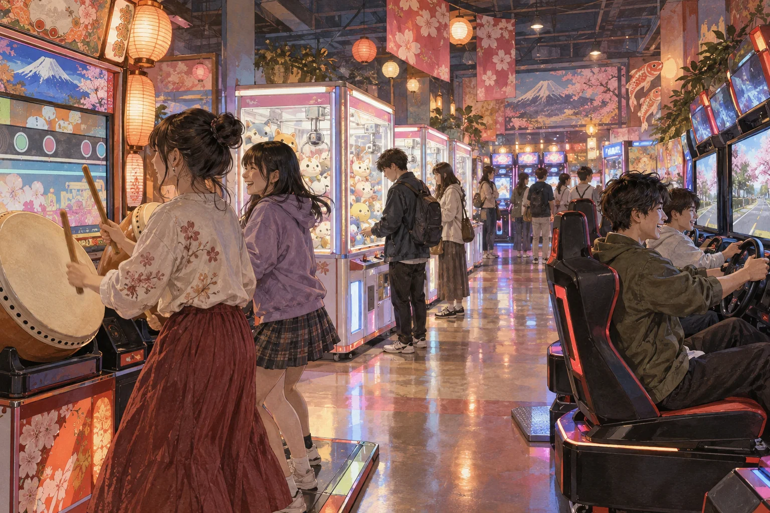 音楽ゲームやクレーンゲームを楽しむ若者たち