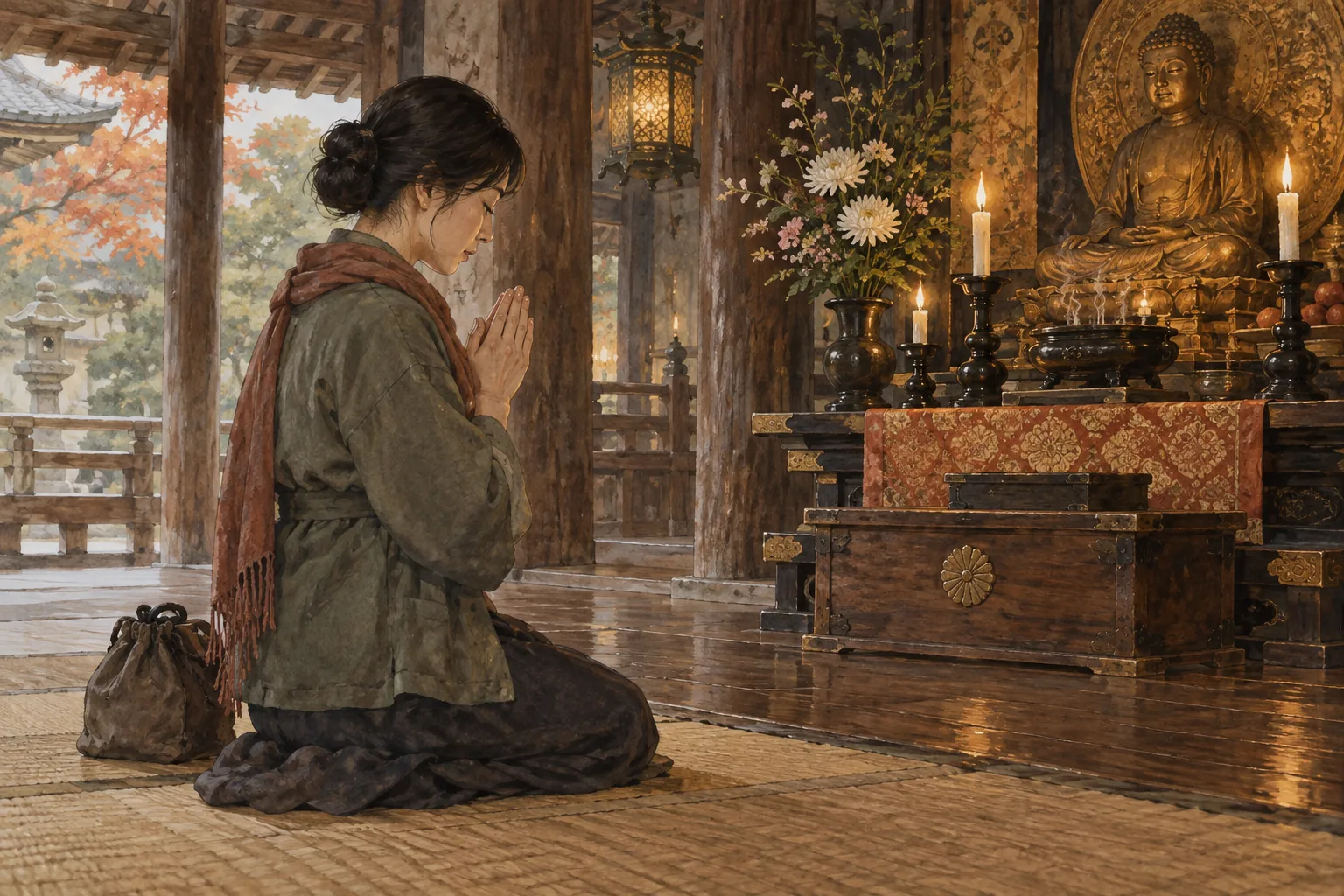 寺の仏前で静かに合掌する参拝者