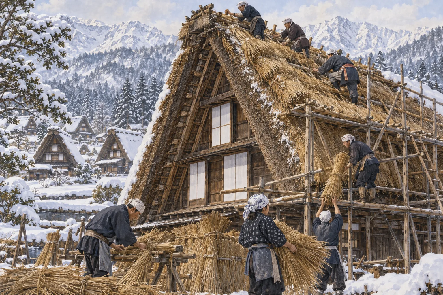 雪国で合掌造りの茅葺き屋根を直す人々