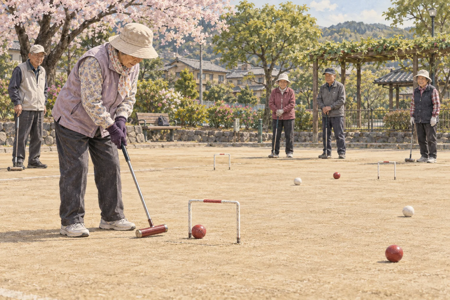 公園のゲートボールを楽しむ人々
