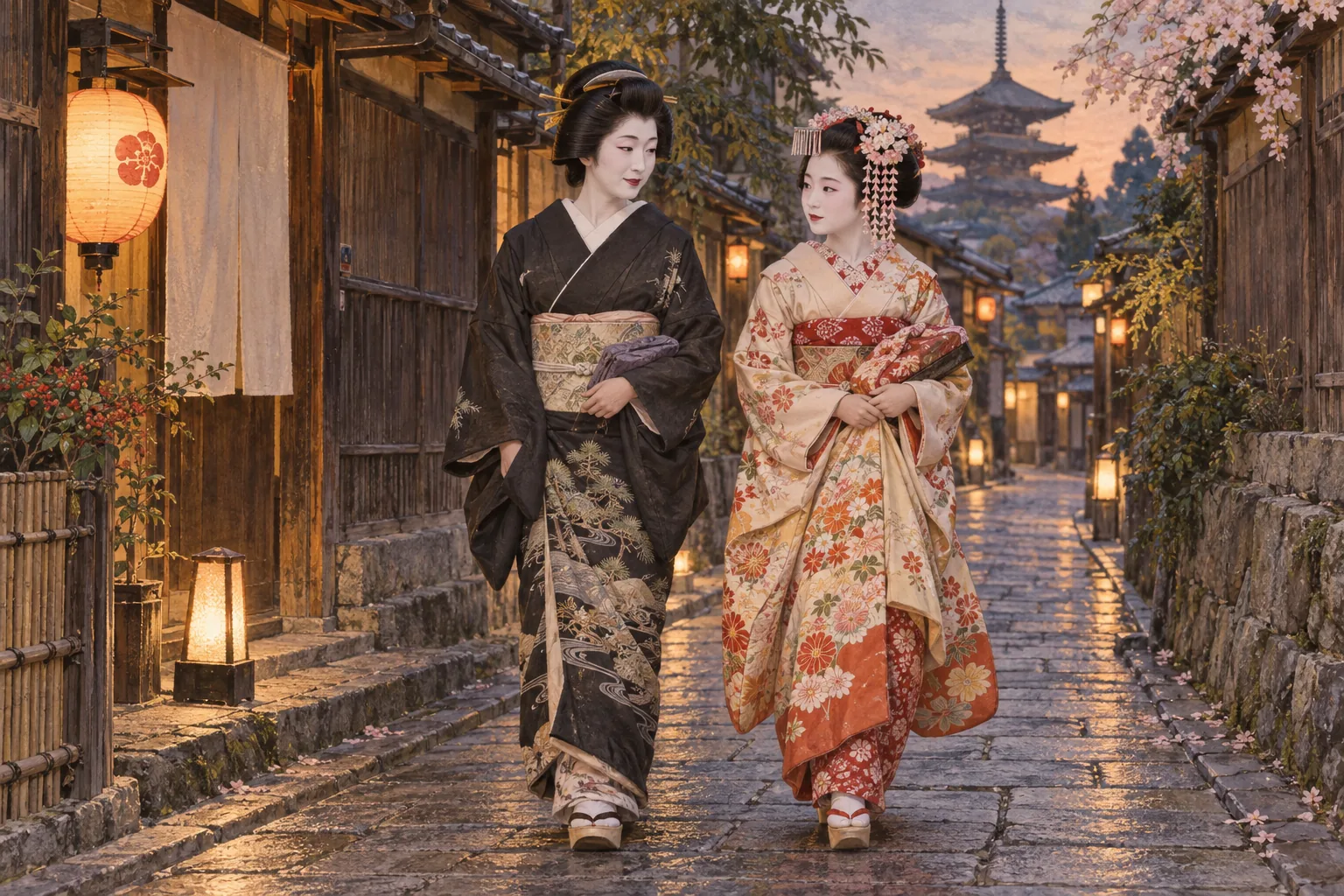 京都の石畳を歩く芸妓と成人の舞妓