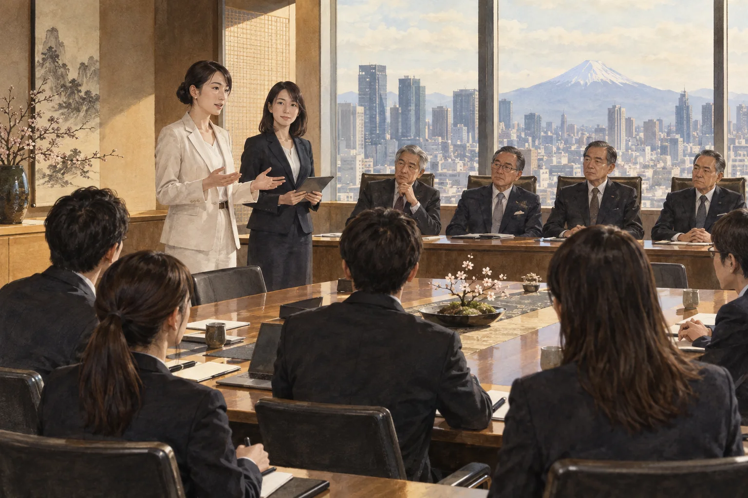 女性が少ない管理職会議で提案する社員