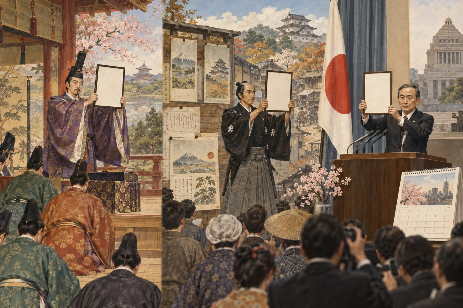 時代ごとに元号が改まる様子を表した場面