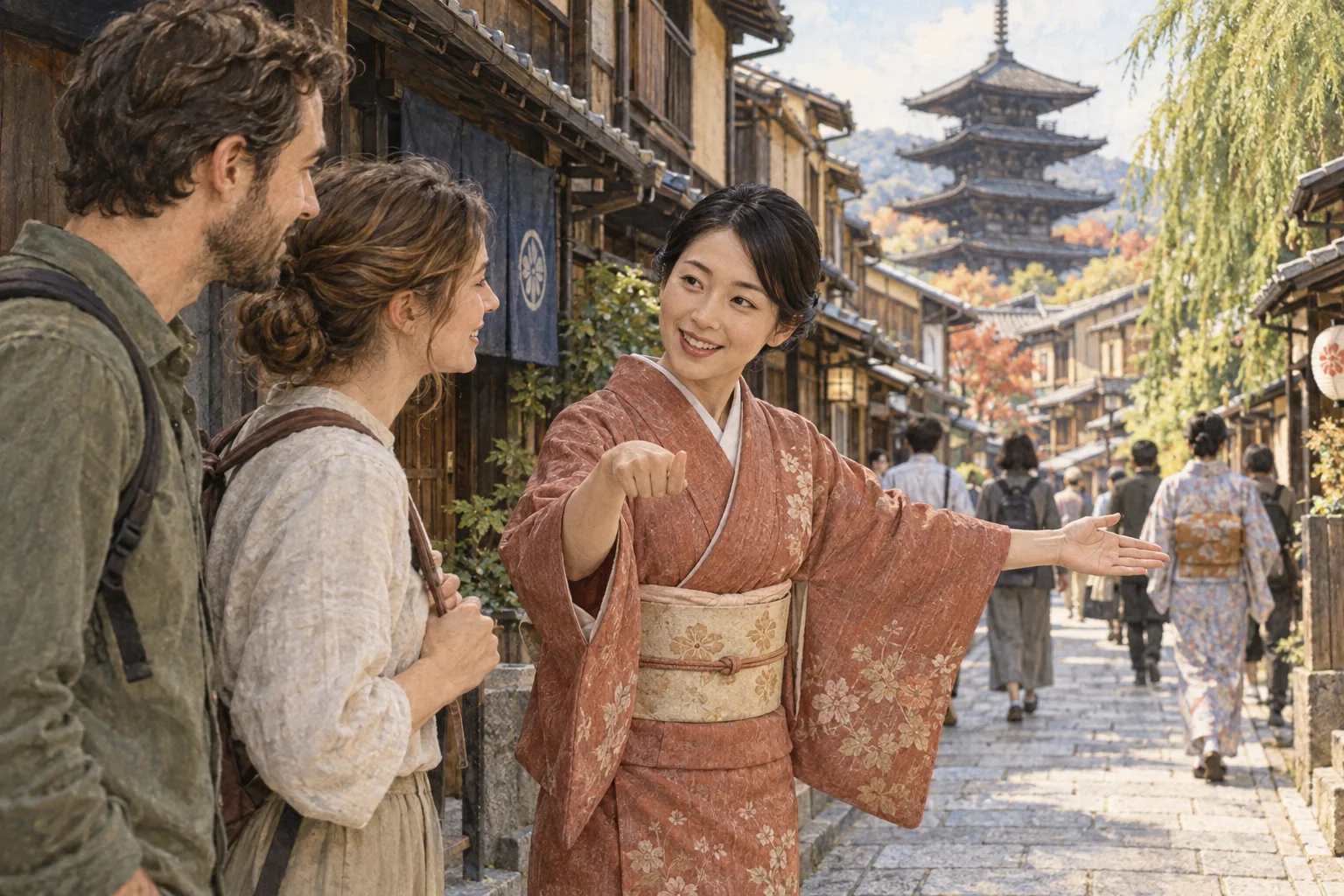 手招きや方向の示し方を身ぶりで説明する案内人