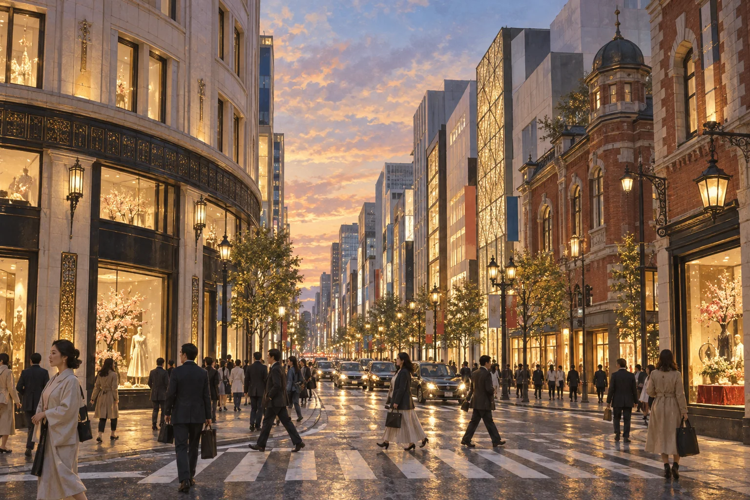 Evening pedestrians and refined storefronts along Ginza.