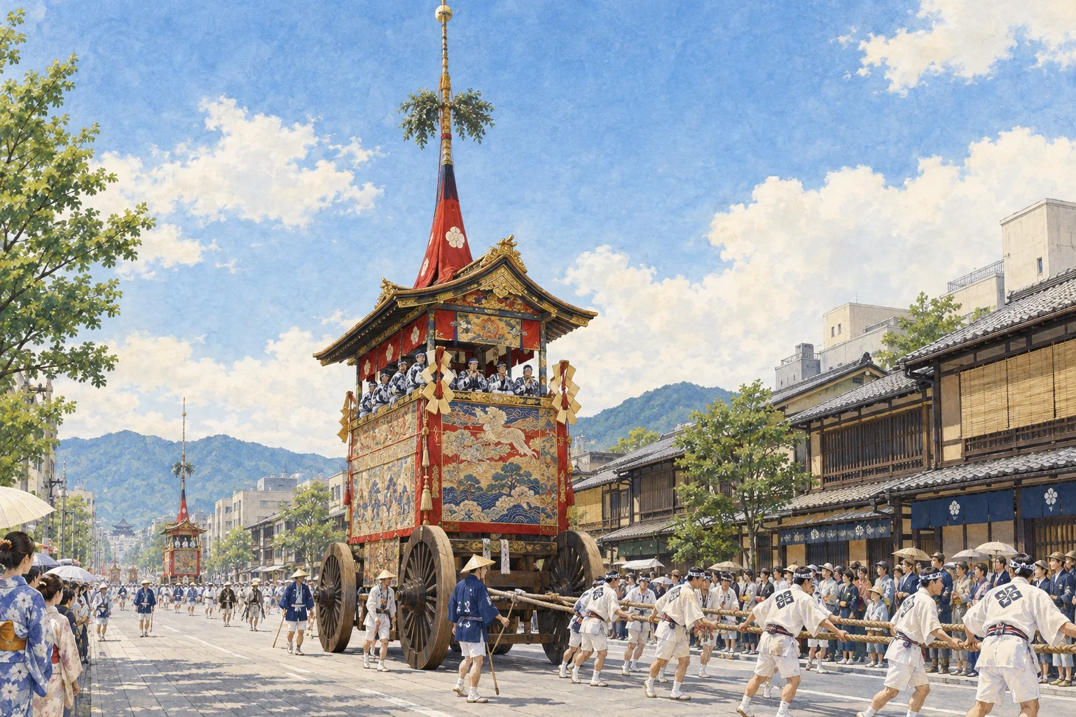 京都の通りを綱で曳かれて進む、大きな車輪と高い鉾を備えた山鉾