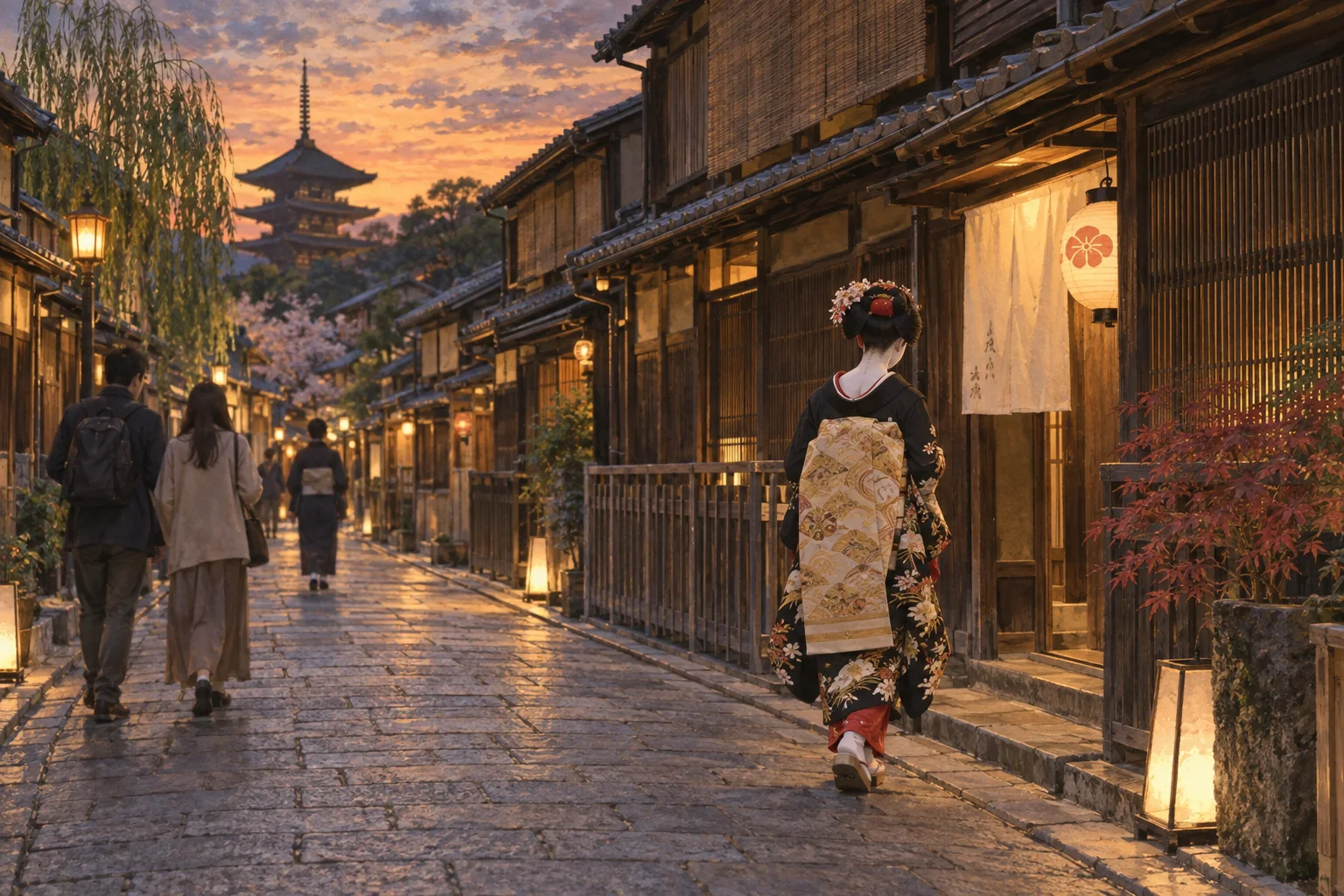 夕暮れの祇園の町家と石畳を行き交う人々