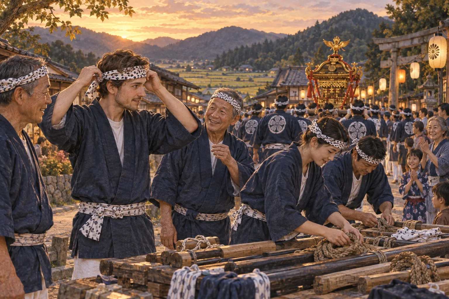 地域の祭りで土地の習慣に従って参加する新しい住民