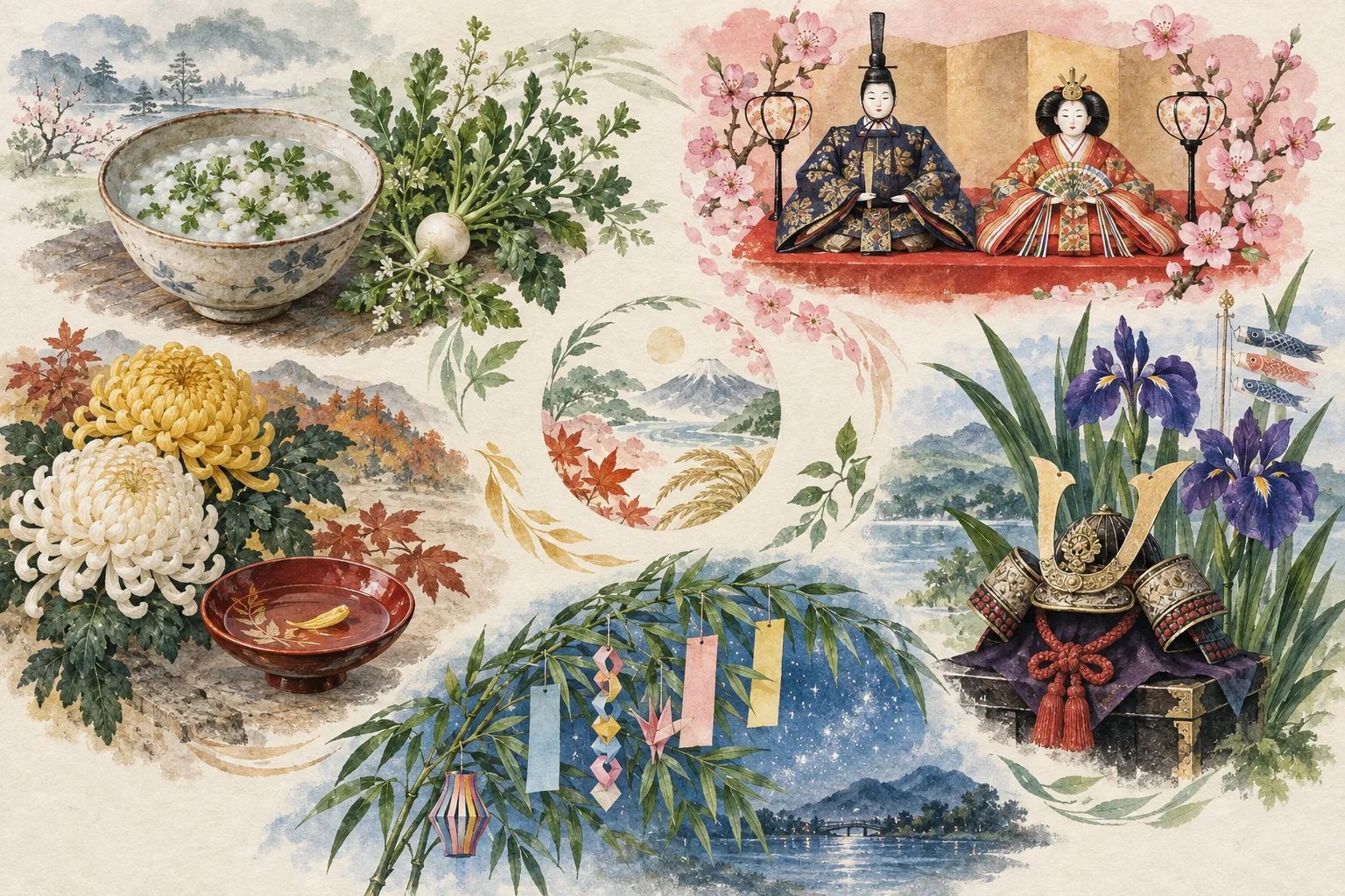 七草、桃と雛人形、菖蒲と兜、笹飾り、菊で表した五節句