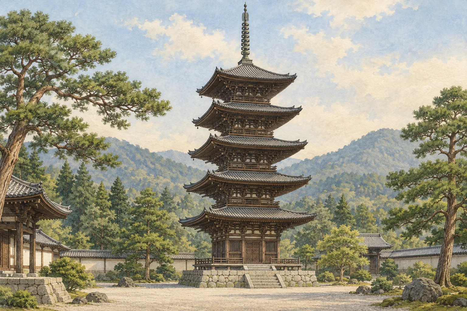 木々に囲まれた境内に立つ、五層の屋根を重ねた五重塔