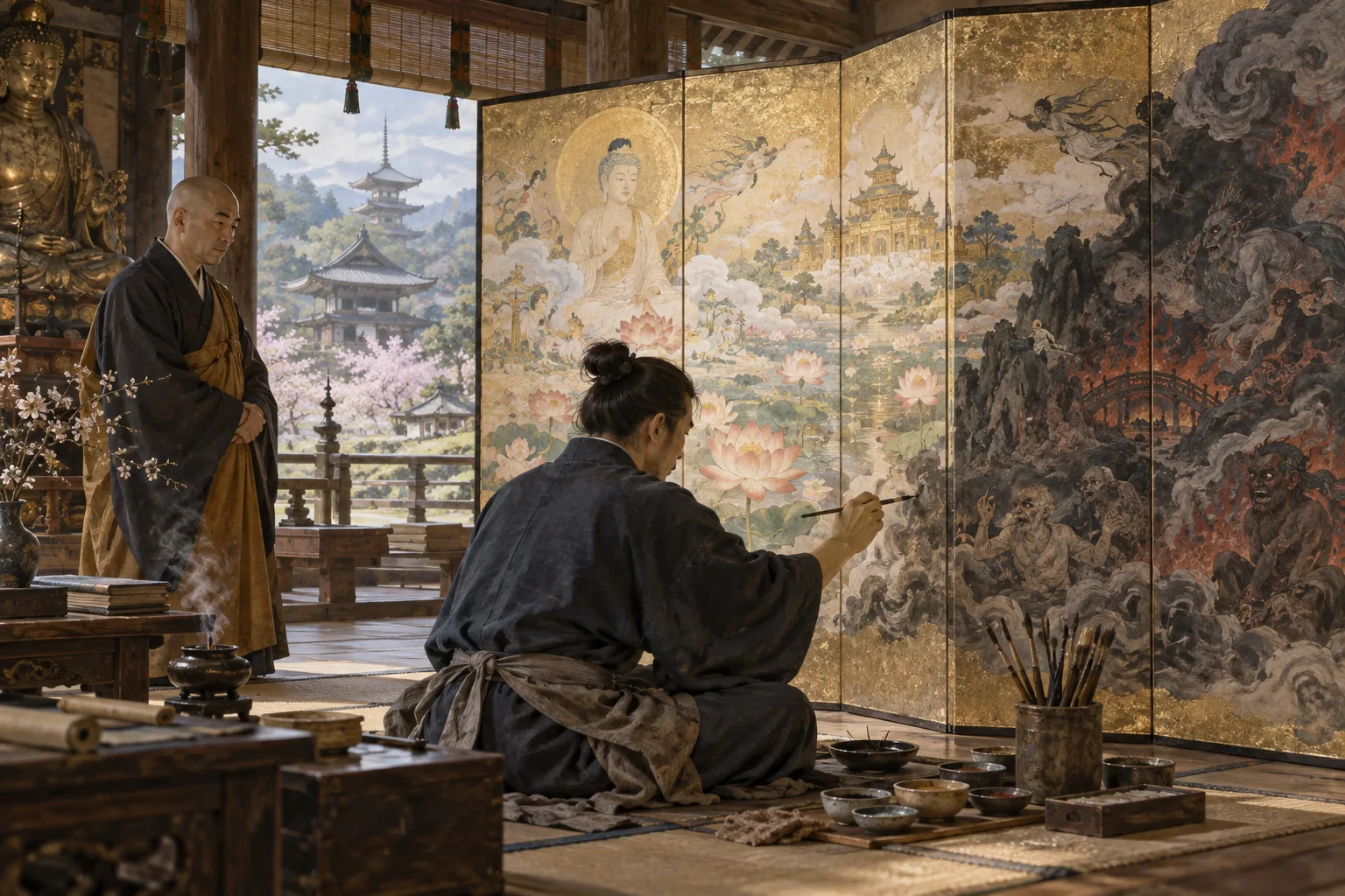 極楽と地獄を対照的に描く寺院の絵師