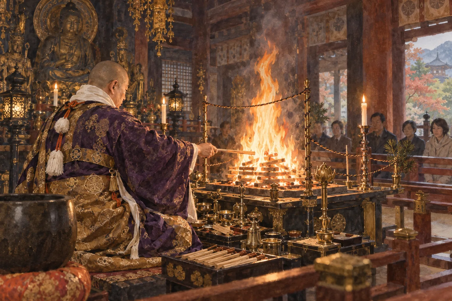 寺院で護摩の火を焚く僧侶