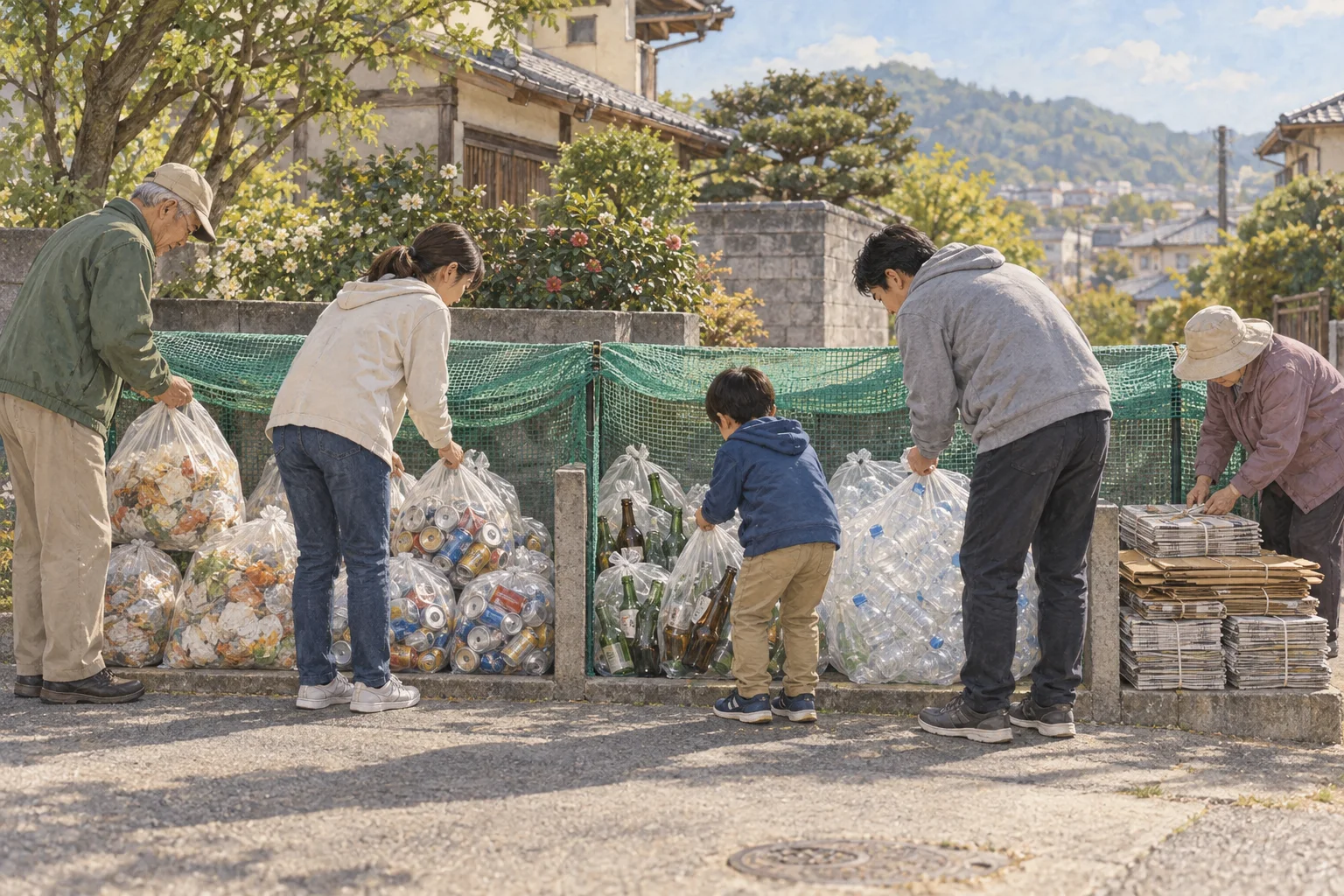 集積所で資源ごとにごみを分ける住民