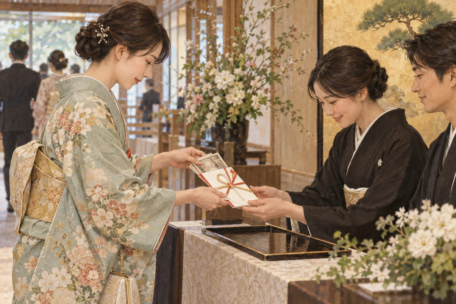 結婚式の受付でご祝儀袋を両手で渡す参列者
