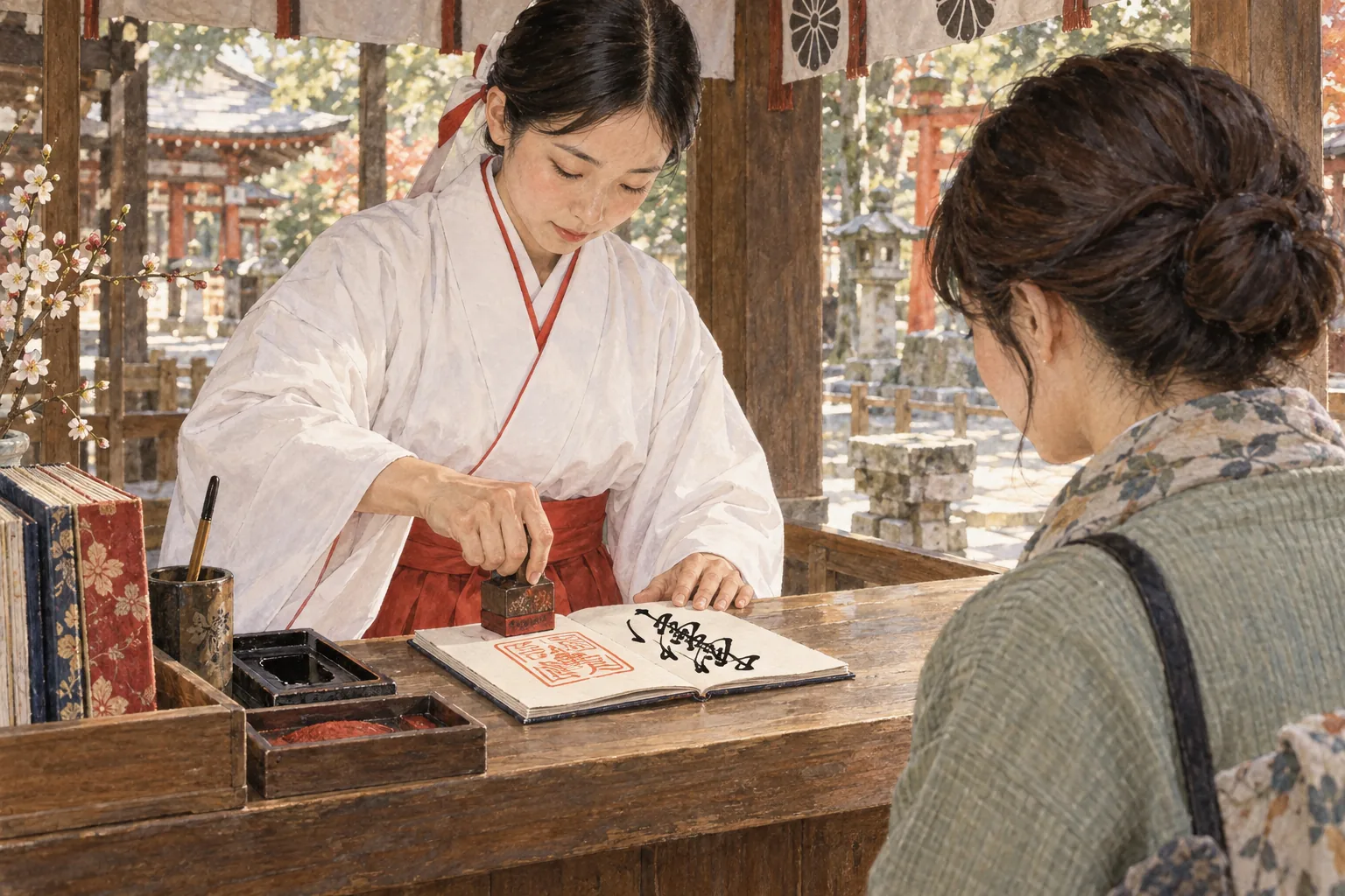 御朱印帳に朱印と墨書を記す神社の係員