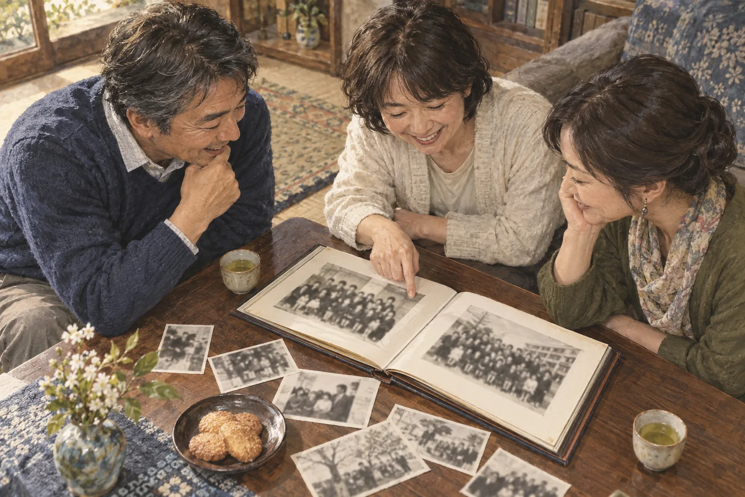 同窓会で昔の卒業アルバムを囲み思い出を語る人々
