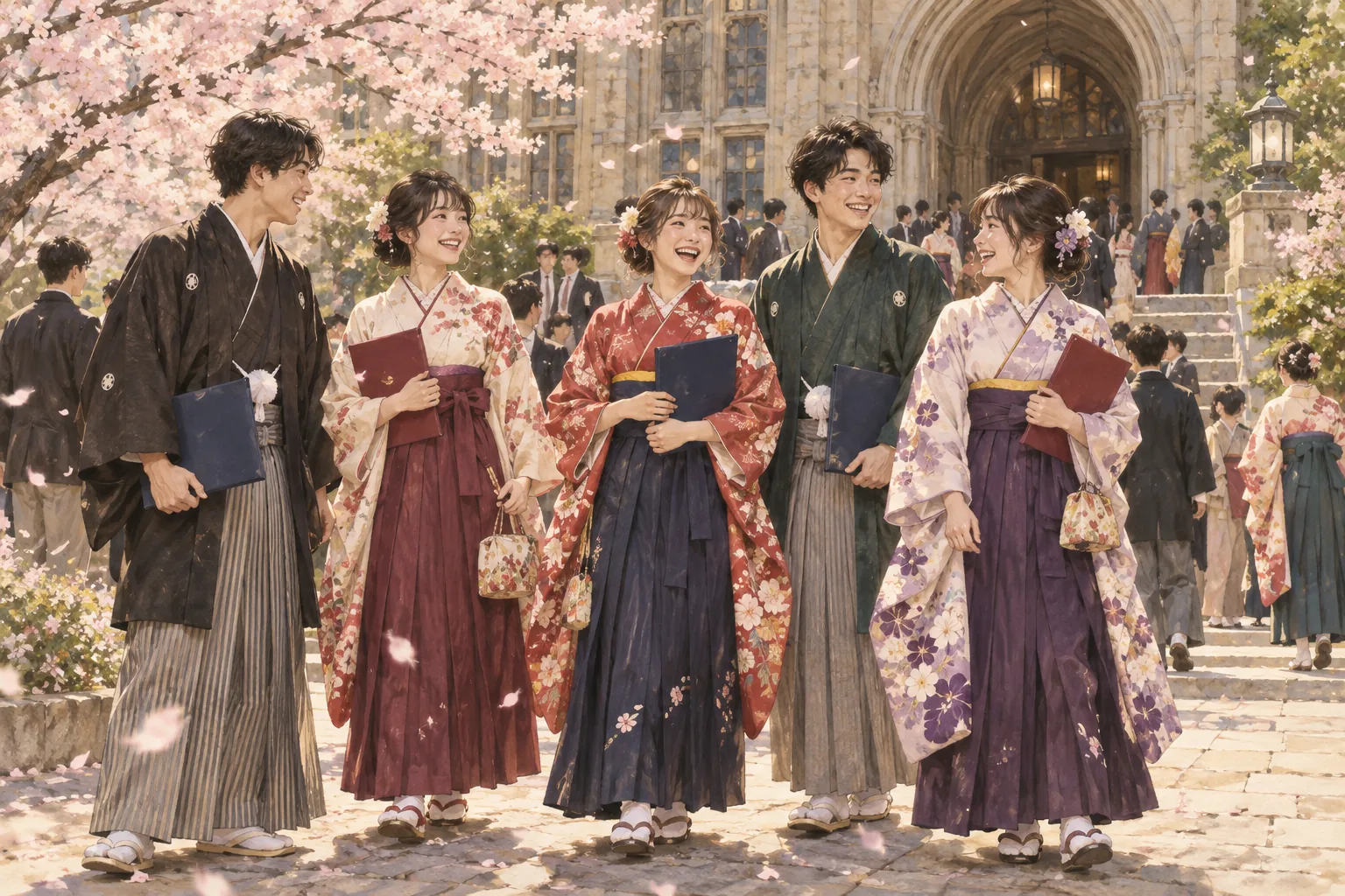 卒業式で着物と袴を着た大学生