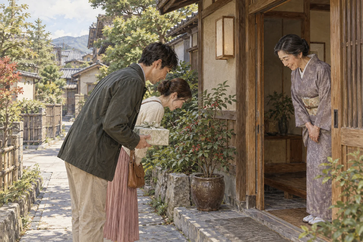引っ越し後に手土産を持って隣家へ挨拶する夫婦