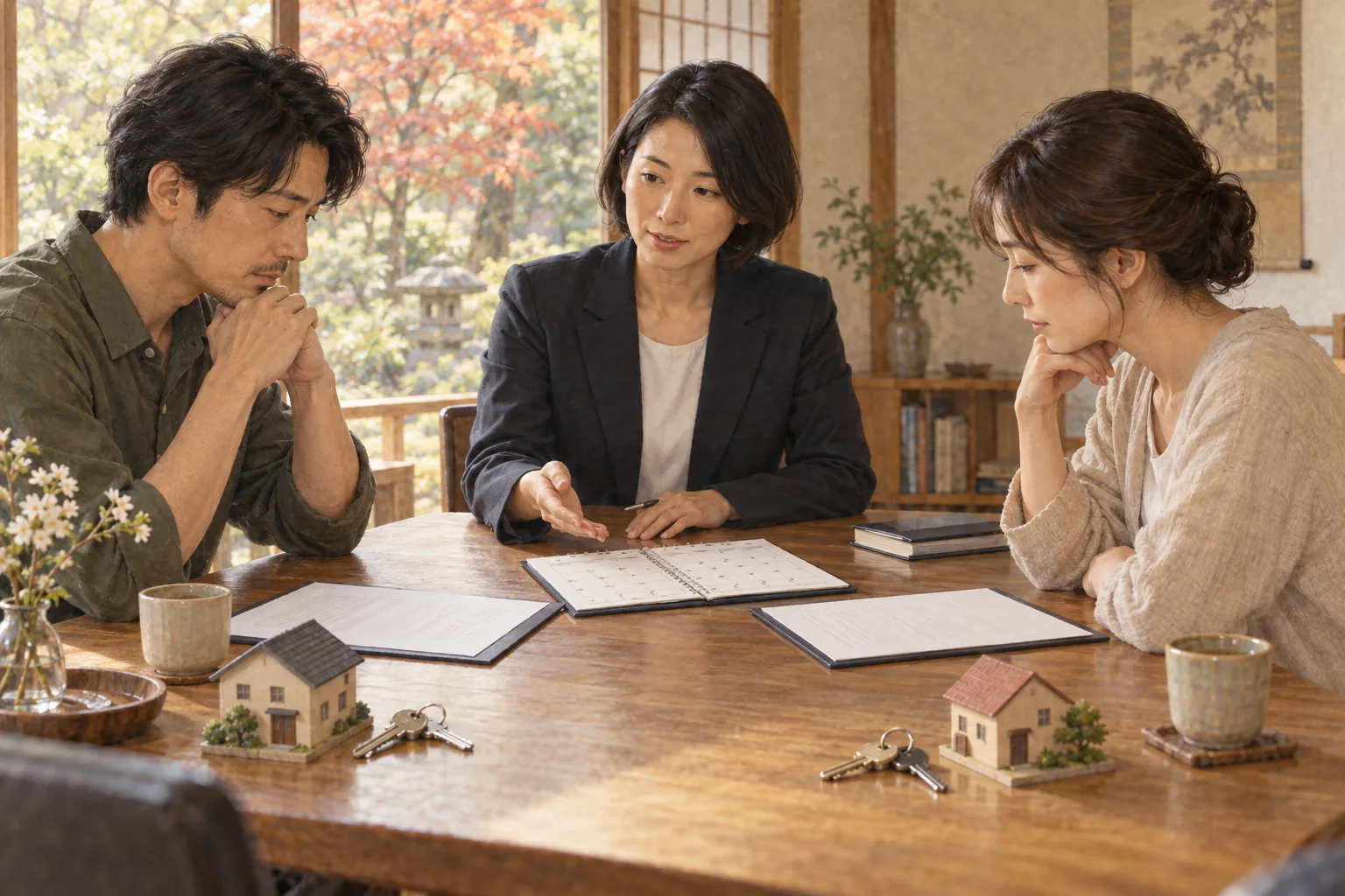 賃貸契約の保証人について不動産会社で確認する人々