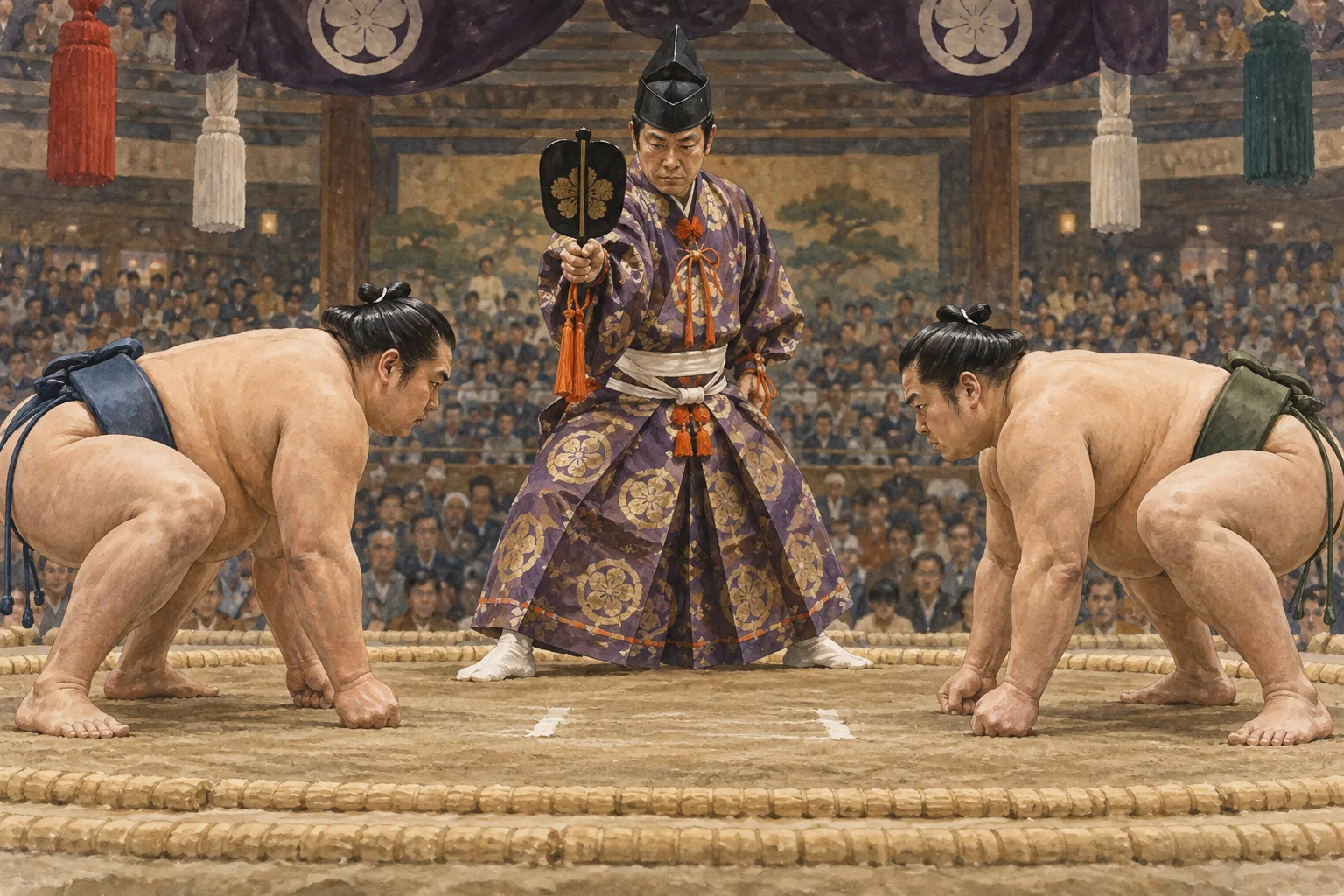 土俵で軍配を構える大相撲の行司