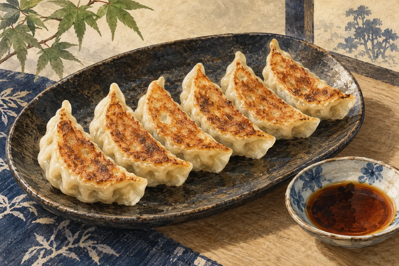 焼き目の付いた餃子と、醤油だれの小皿
