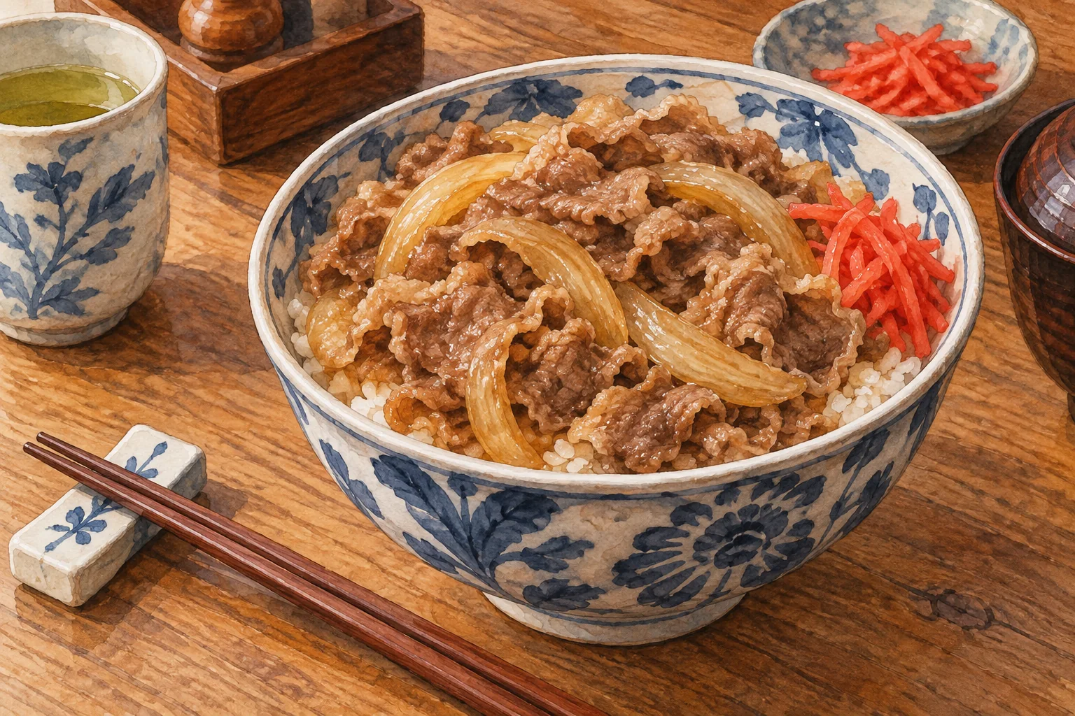 薄切り牛肉と玉ねぎをのせた牛丼と紅生姜