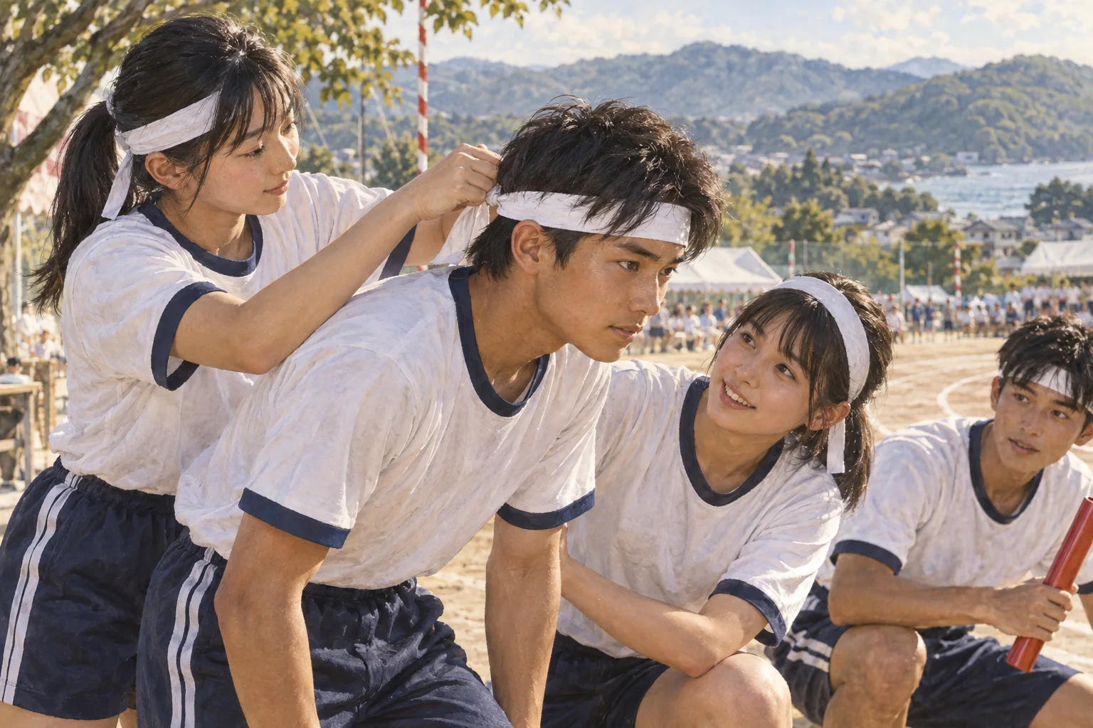 地域のリレー前に鉢巻を結び合う選手たち