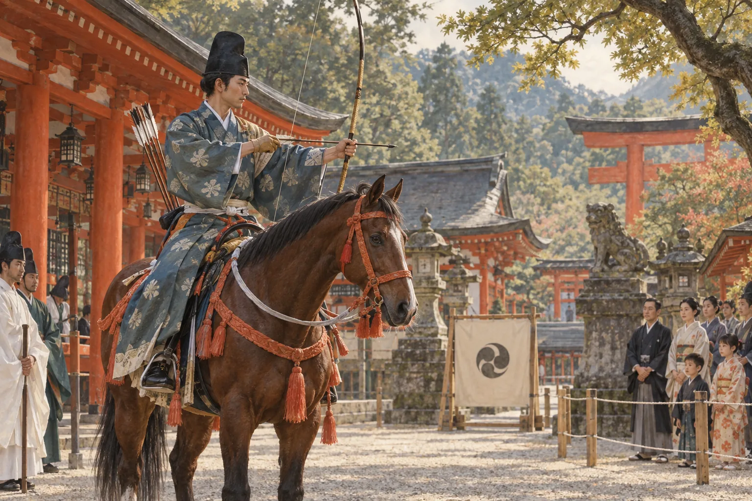 八幡宮の朱色の回廊前で弓馬の奉納準備をする射手