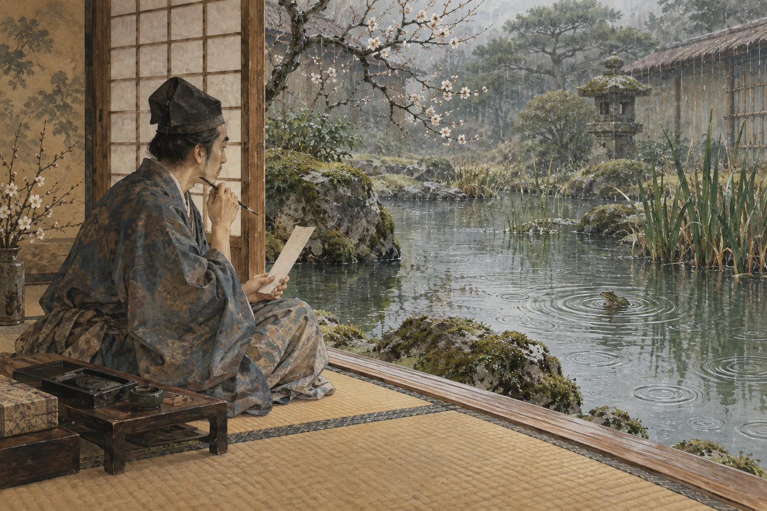 自然を見つめながら俳句を詠む江戸時代の俳人