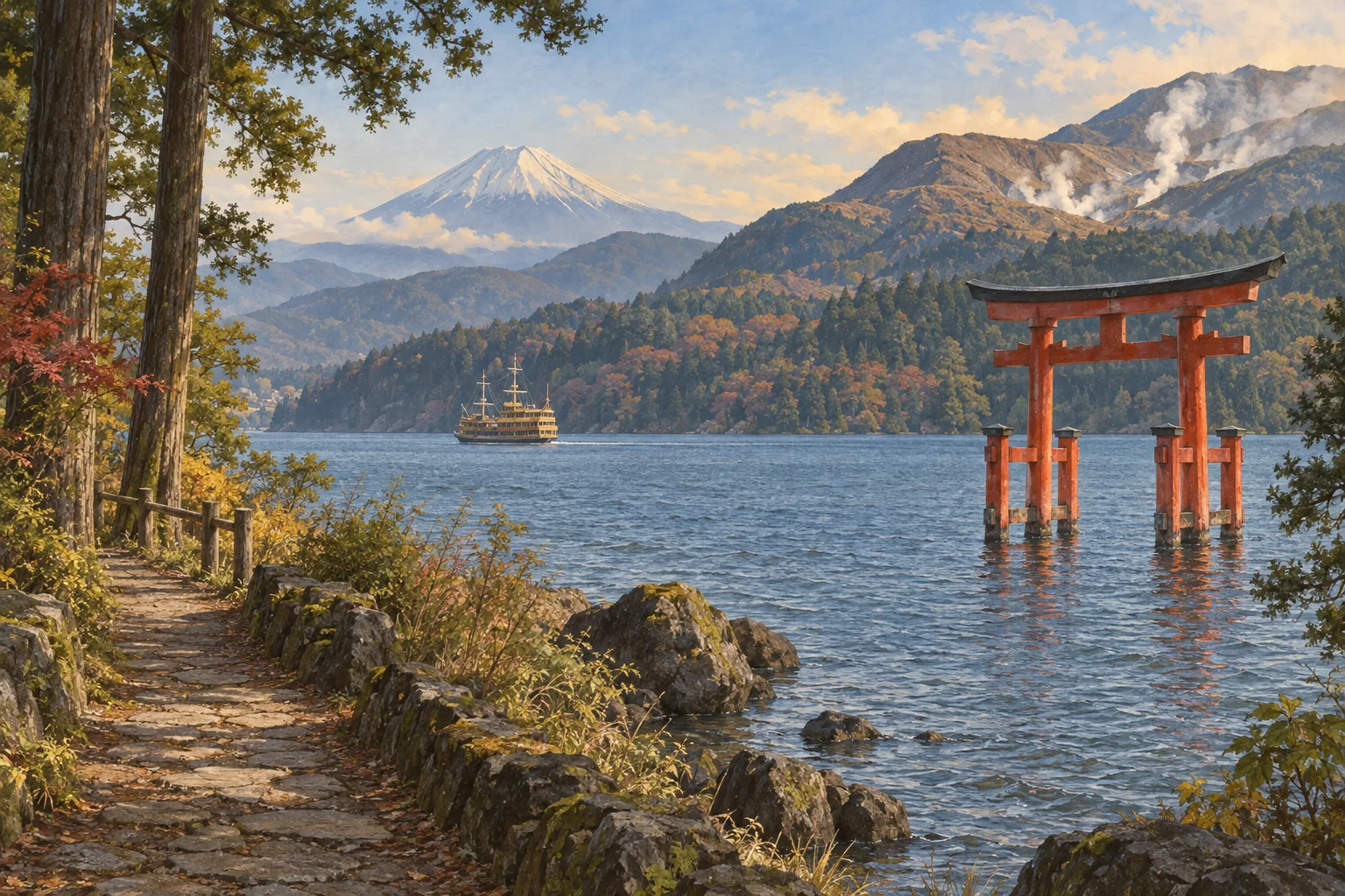 芦ノ湖の鳥居と山並みの向こうの富士山