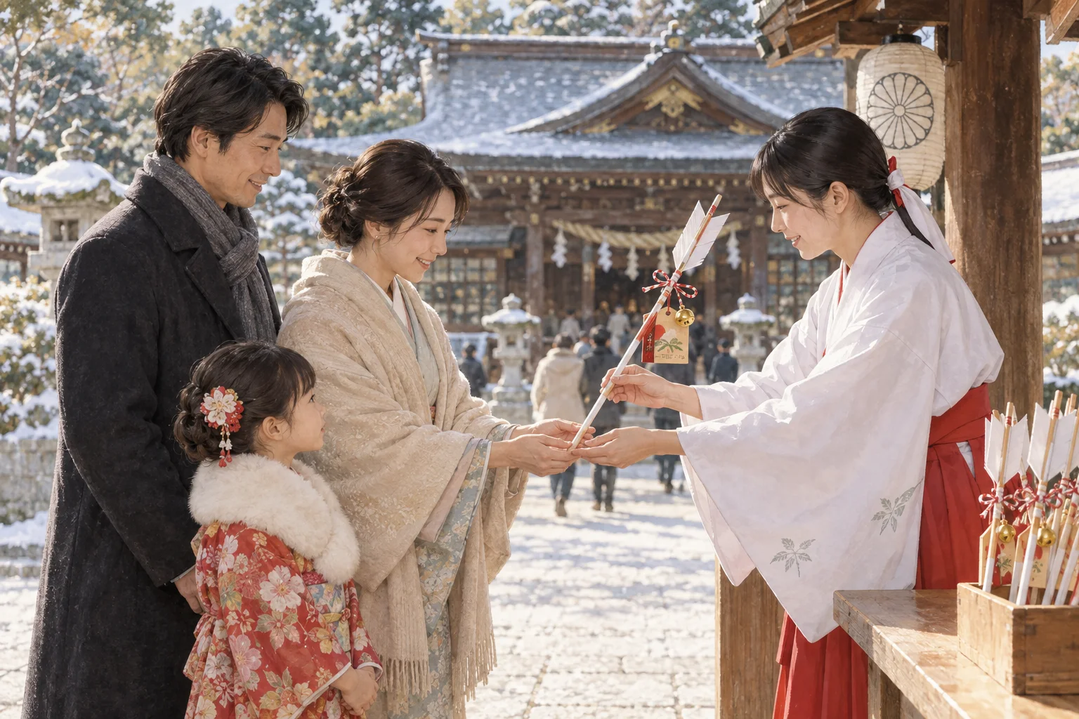 正月の神社で破魔矢を受け取る家族
