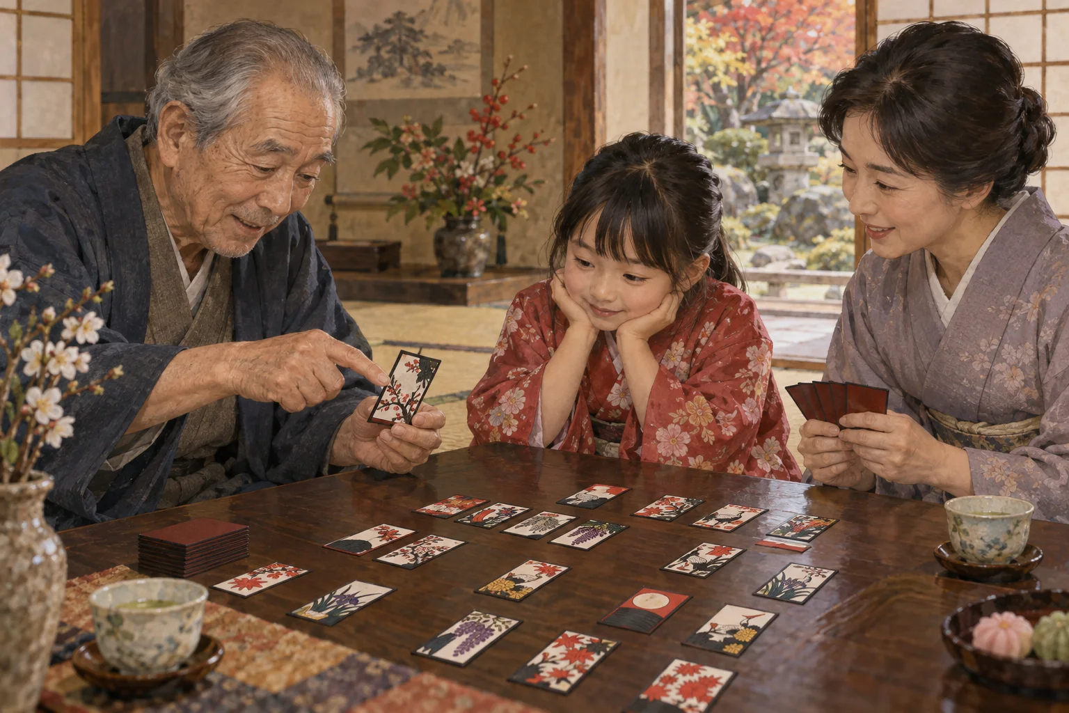 花札の組み合わせを教わりながら遊ぶ三世代